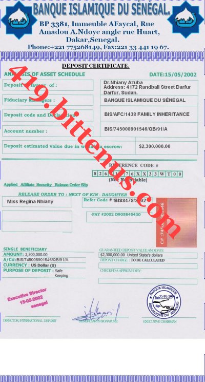 Late Dr Nhiany Azuba Deposit certificate